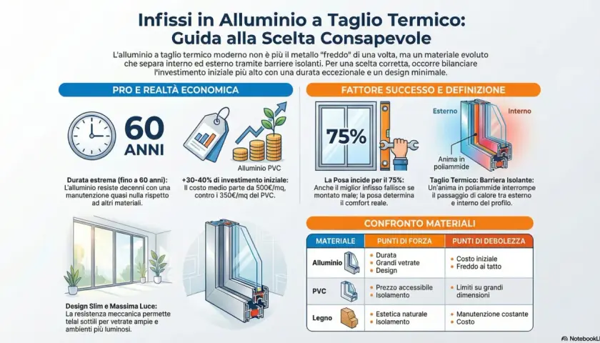 Infissi in alluminio a taglio termico: guida alla scelta. Illustra durata, costi, isolamento e design, con confronto tra alluminio, PVC e legno.