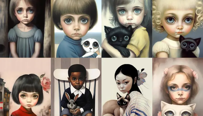 Kolekcja obrazów w stylu Margaret Keane, z wielkimi oczami dzieci i zwierząt. Sprawdź margaret keane obrazy cena.