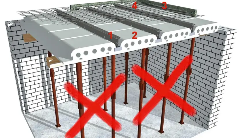 Stahlbetondecke dicke: Hohlkammerplatten werden auf Stützen montiert, bevor Beton gegossen wird. Rote Kreuze zeigen falsche Stützmethoden.
