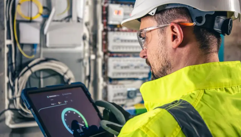 Técnico revisa datos en tablet, cerca de paneles y cables. La pantalla muestra un medidor, indicando el rendimiento de los generadores de calor.