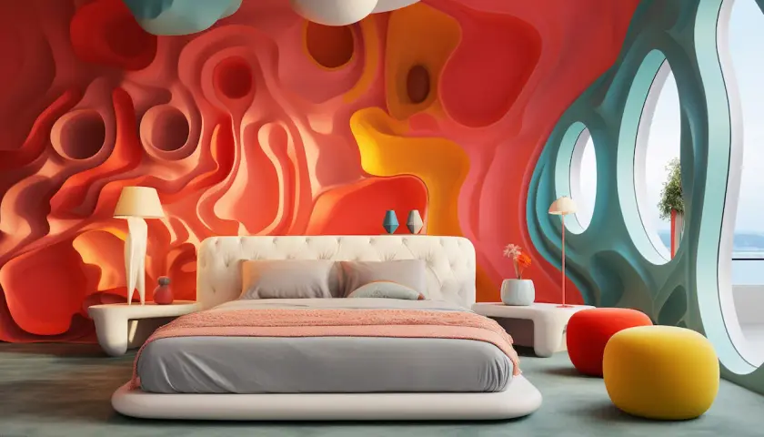 Dormitorio moderno con pared ondulada en tonos coral y amarillo. Cama blanca con ropa de cama gris y manta coral. Inspiración para modernos rayas en el pelo para niños.