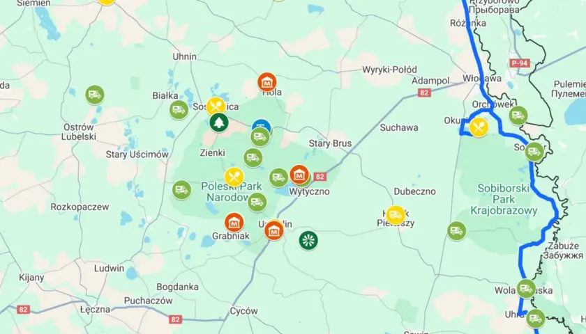 Mapa turystyczna Polesie Lubelskie z zaznaczonymi atrakcjami, szlakami i parkingami. Widoczne m.in. Poleski Park Narodowy i Sobiborski Park Krajobrazowy.