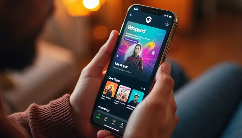 Osoba przegląda Spotify Wrapped na telefonie, odkrywając swoje muzyczne podsumowanie roku.