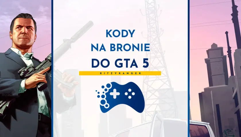Michael z GTA 5 trzyma broń. Obok tekst "Kody na bronie do GTA 5" i logo z padem.