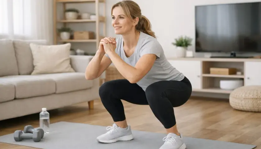 Uśmiechnięta kobieta wykonuje przysiady, ćwicząc cardio w domu. Obok leżą hantle i butelka wody.