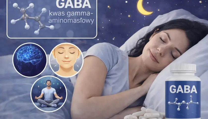Kwas gamma-aminomasłowy (GABA) wspiera spokojny sen. Na obrazie kobieta śpi, obok butelka suplementu GABA i kapsułki.