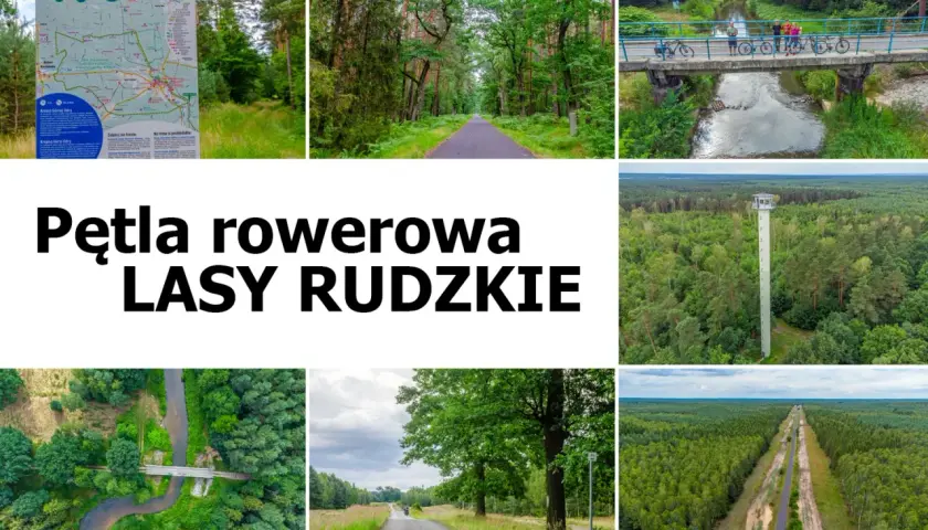 Pętla rowerowa Lasy Rudzkie zaprasza na malownicze trasy wśród zieleni. Zdjęcia ukazują ścieżki, mosty i wieżę widokową.