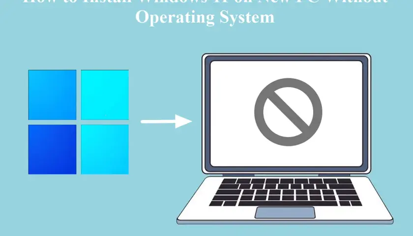 Anleitung: neuer PC ohne Betriebssystem Windows 11 installieren. Laptop mit Verbotsschild zeigt, dass kein OS vorhanden ist.