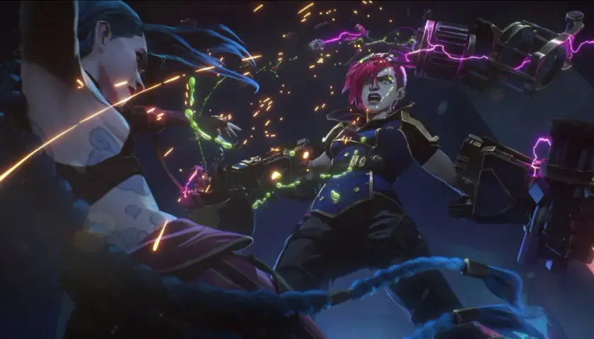 Starcia w świecie Arcane: Jinx i Vi walczą, używając swoich unikalnych mocy i broni.