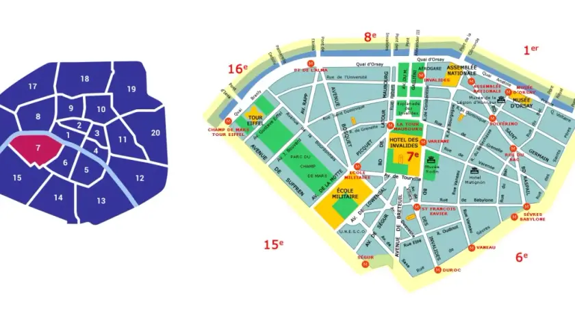 Mapa Paryża z zaznaczonymi dzielnicami. 7. dzielnica, znana jako 9 dzielnica Paryża, jest wyróżniona kolorem.