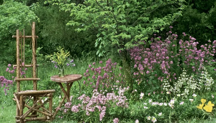 Ein rustikaler Holzstuhl und Tisch stehen vor einer üppigen, naturnahen Hecke mit rosa und weißen Blüten.