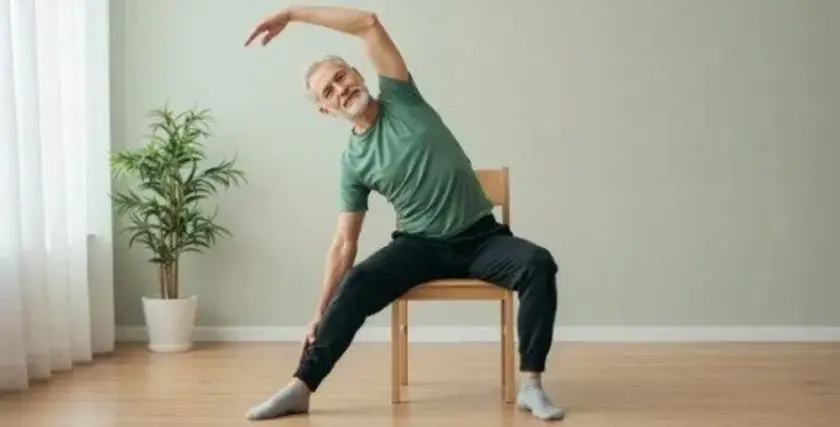 Äldre man gör senior yoga på en stol, sträcker sig åt sidan med ett leende.