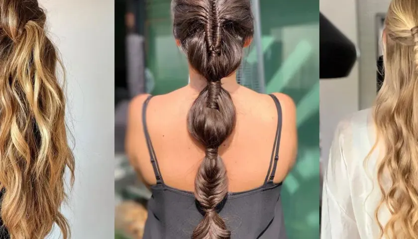 Tres estilos de recogidos pelo largo: trenza de burbujas, media coleta con ondas y trenza lateral.