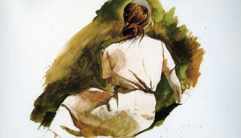 Akwarela w stylu Andrew Wyeth: kobieta w jasnej sukience siedzi tyłem, otoczona zielono-brązowym tłem.