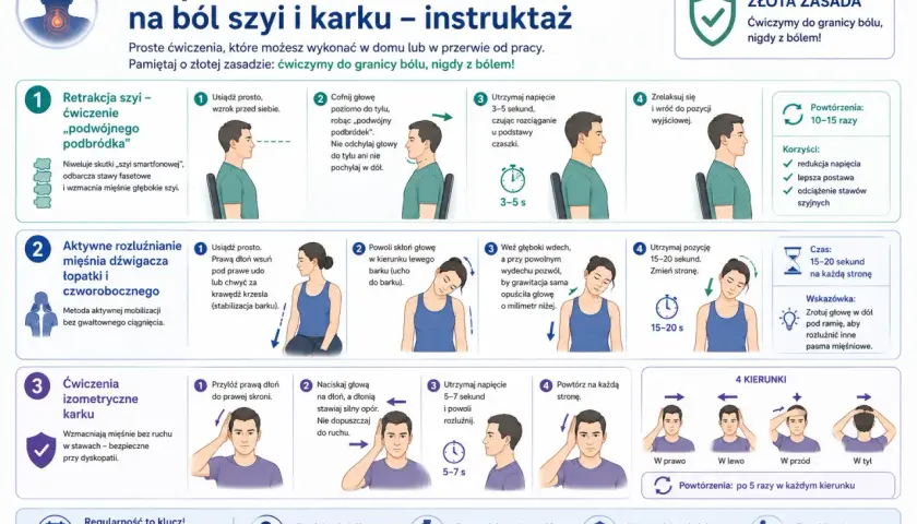 Instruktaż jak rozluźnić mięśnie karku: ćwiczenia na ból szyi, retrakcja szyi, rozluźnianie mięśni, ćwiczenia izometryczne.