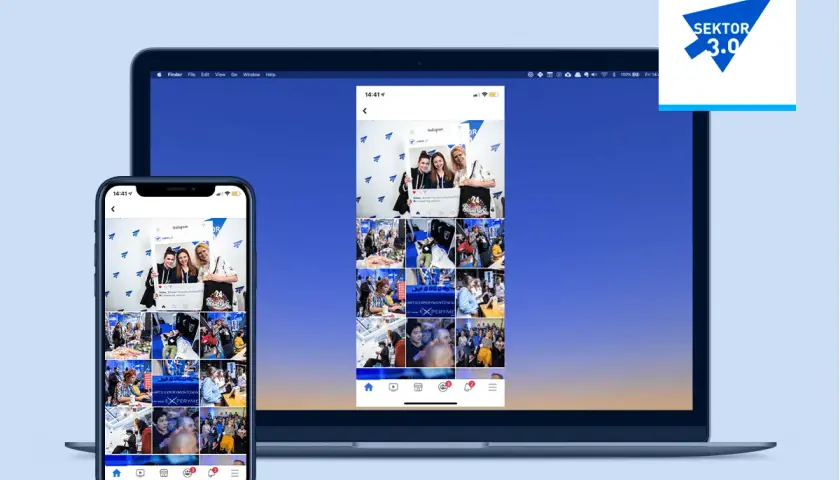 Obraz z telefonu na TV przez WiFi. Widok Instagrama na ekranie laptopa i smartfona. Logo Sektor 3.0.