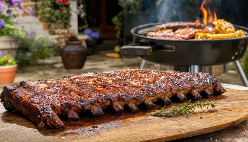 Côtelettes de porc au barbecue, brillantes et caramélisées, sur une planche en bois. Un barbecue fumant avec du maïs et d'autres viandes est visible en arrière-plan.