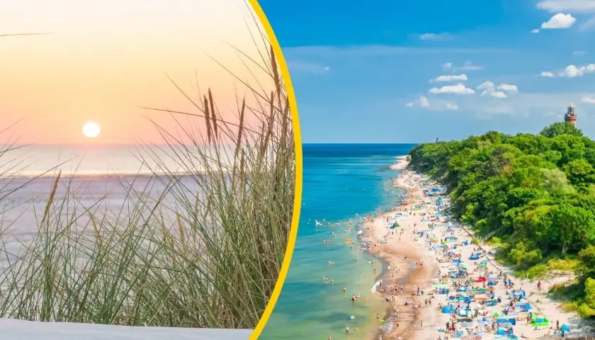 Zachód słońca nad morzem, plaża pełna ludzi i latarnia morska. W tle niebieska flaga, symbol czystej wody.