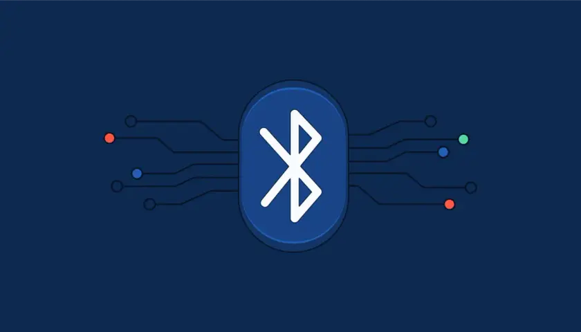 Bluetooth-Symbol mit Leiterbahnen, die auf die Vernetzung von IoT-Geräten für Fernzugriff hindeuten.