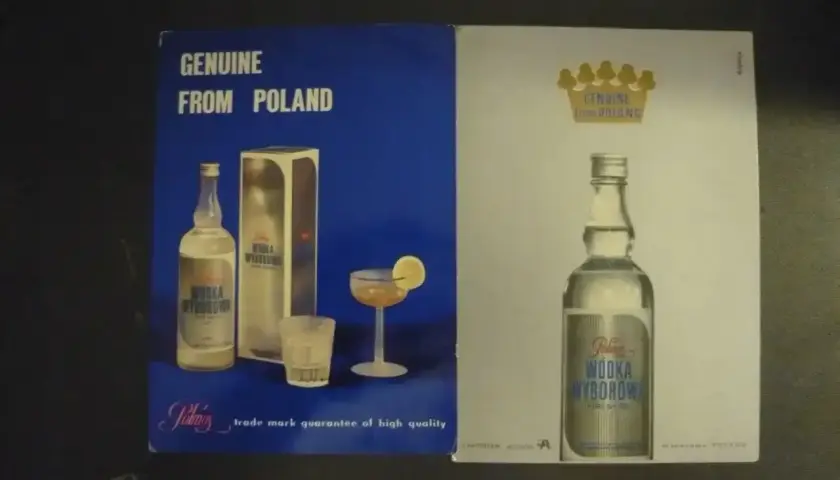 Butelka i kieliszek z wódką Wyborową na tle niebieskim i białym.