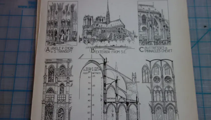 Rysunki architektoniczne katedry Notre Dame w Paryżu: widoki zewnętrzne, przekroje i detale.