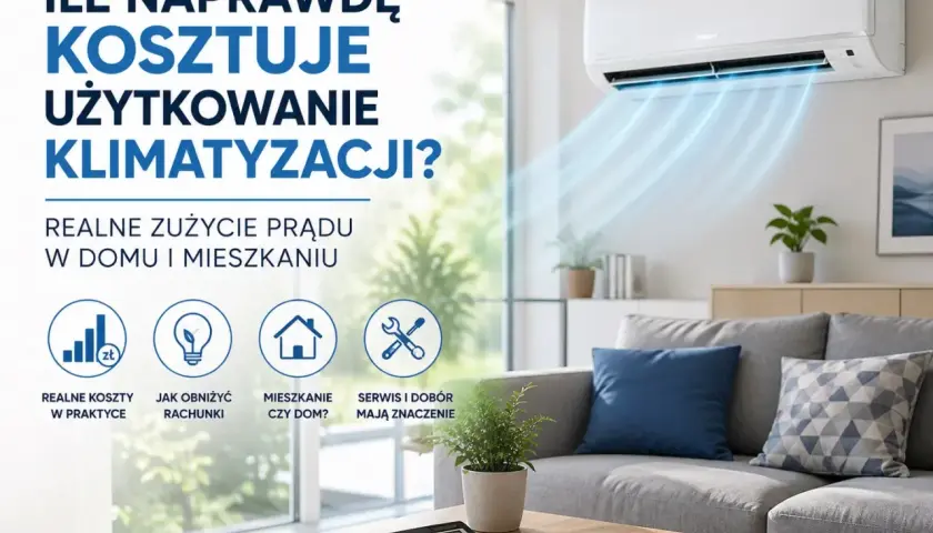 Ile naprawdę kosztuje klimatyzacja? Obraz przedstawia salon z działającą klimatyzacją, kalkulator i notatnik, sugerując analizę kosztów.