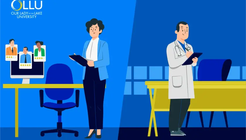 A woman reviews candidate profiles on a computer, while a doctor takes notes. Pursue your online organizational leadership degree at OLLU.