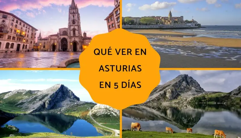 Collage de imágenes de Asturias: Oviedo, Gijón, Picos de Europa y Covadonga. Ideal para planificar qué ver en Asturias en 5 días.