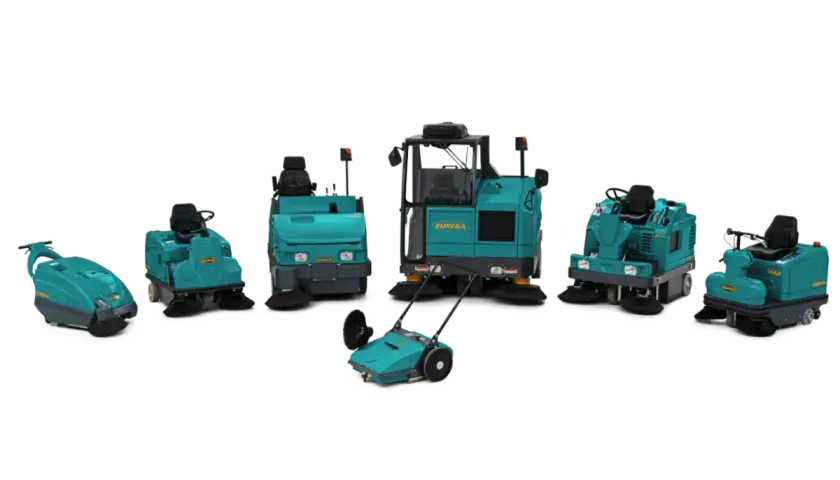 Variedad de equipos de limpieza industrial Eureka, desde compactas barredoras hasta máquinas de conductor acompañante y a bordo, listas para cualquier tarea.