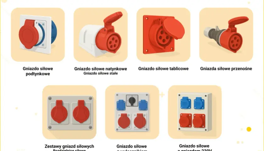 Różne rodzaje gniazd siłowych: podtynkowe, natynkowe, tablicowe, przenośne, zestawy oraz z wyłącznikiem i gniazdem 230V.