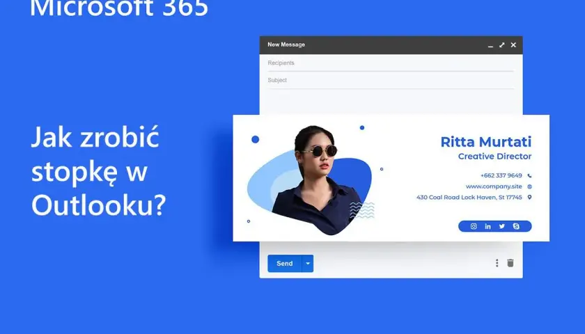 Jak ustawić stopkę w Outlooku? Ilustracja pokazuje szablon wiadomości e-mail z danymi kontaktowymi i zdjęciem.