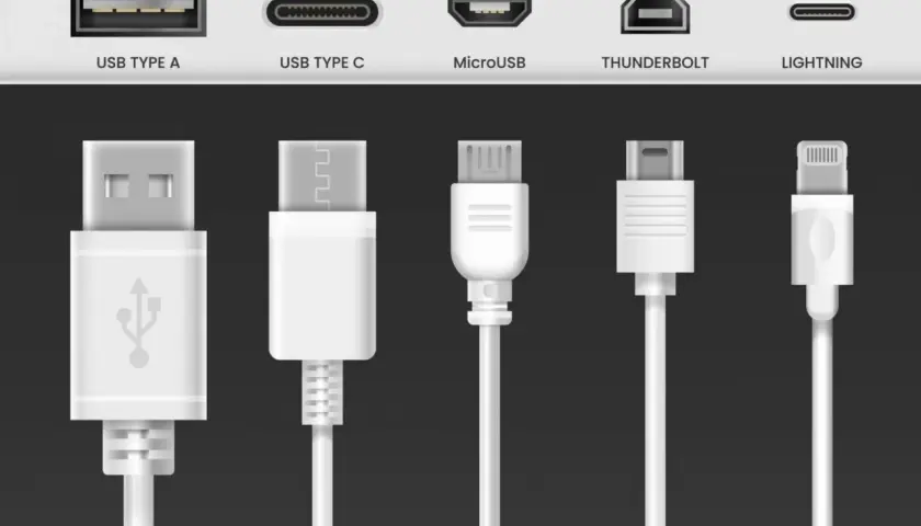 Différents types de connecteurs : USB A, USB C, Micro USB, Thunderbolt, Lightning. Une collection de câbles pour tous vos appareils.