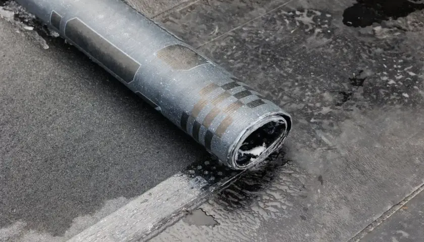 Zrolowana papa na zimno, z charakterystycznym wzorem szachownicy, leży na mokrej, ciemnej powierzchni.