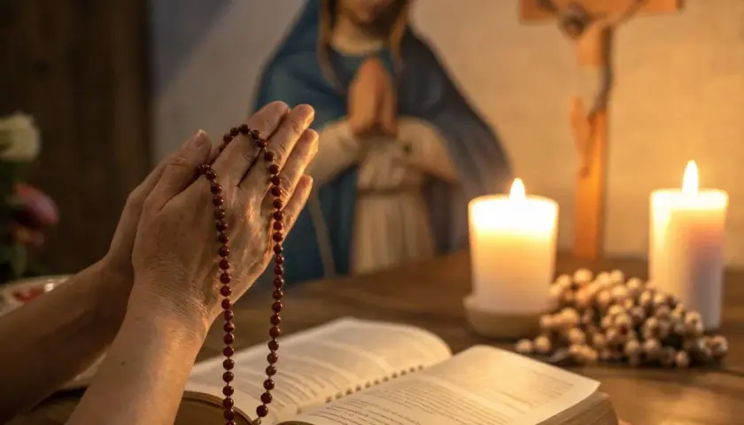 Dłonie trzymające różaniec, modlitwa o pracę. W tle figura Matki Boskiej, krzyż i świece.