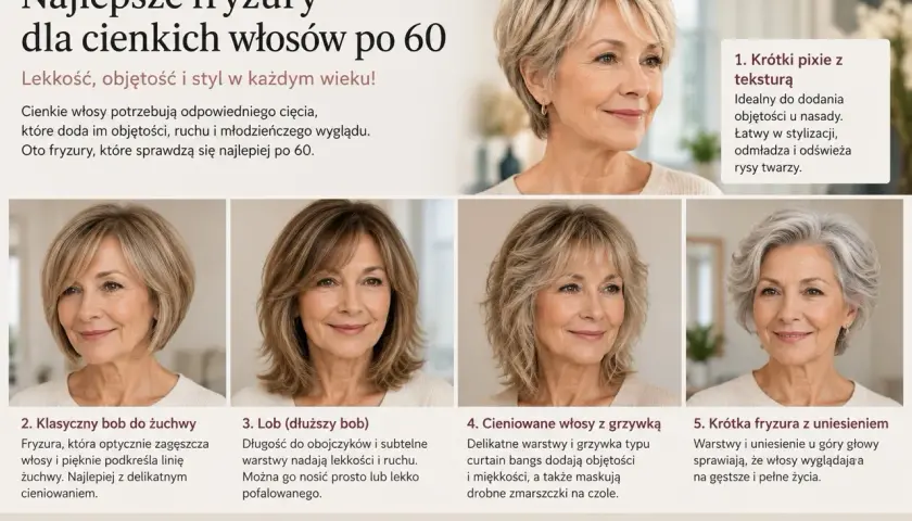Pięć inspirujących fryzur dla bardzo cienkich włosów po 60. roku życia, dodających objętości i lekkości.