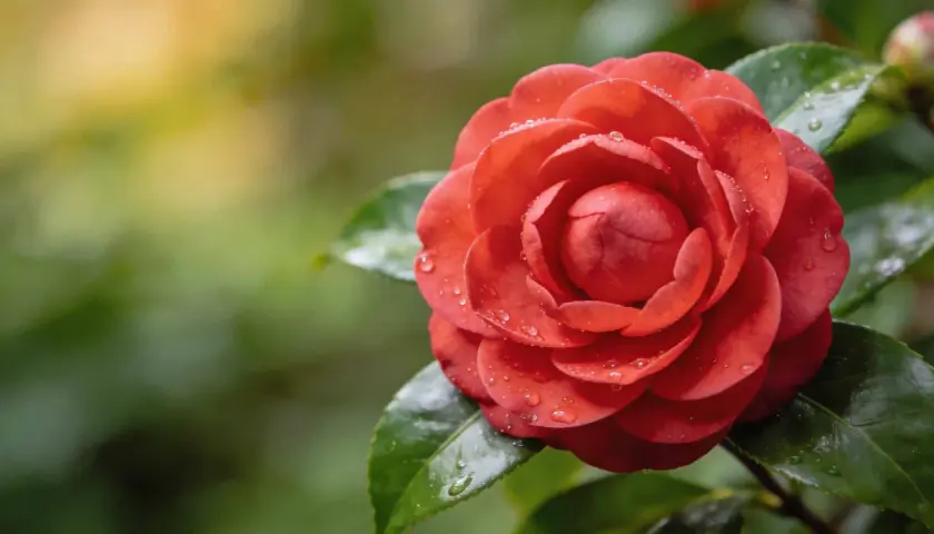 Camélia rouge éclatant, paré de perles de rosée, s'épanouit dans une douce lumière matinale. Une scène paisible, parfaite pour une exposition nord.