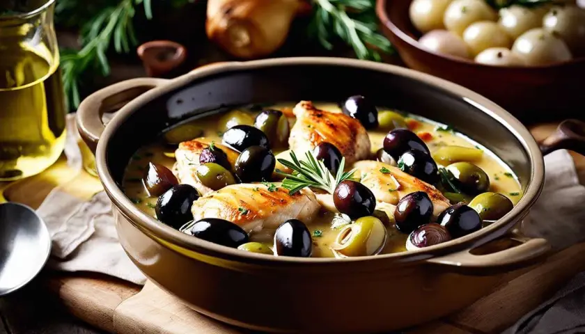 Un plat de poulet aux olives, garni de romarin frais, baignant dans une sauce onctueuse. Des oignons perlés et de l'huile d'olive complètent cette scène gourmande.