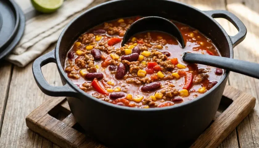 Pyszne chili con carne przepis w garnku. Mięso mielone, fasola, kukurydza i papryka w aromatycznym sosie.