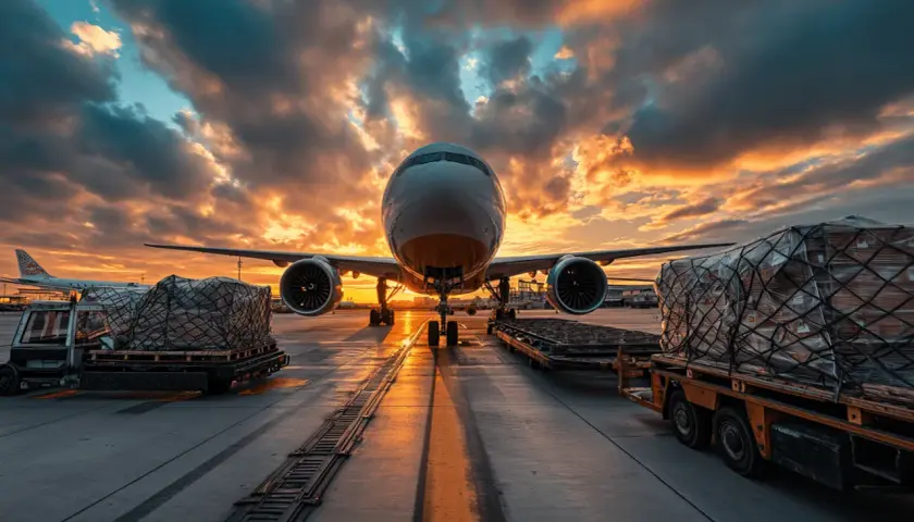 Flugzeug mit Fracht am Flughafen bei Sonnenuntergang. Die IATA regelt den weltweiten Luftverkehr.