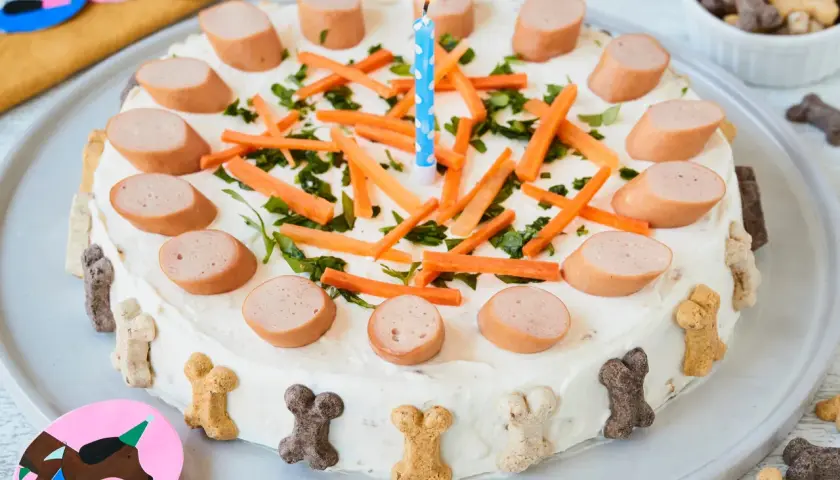Hunde Torte Rezept einfach und schnell: Leckere Wurstscheiben, Karotten und Kräuter zieren diese festliche Hundetorte mit Kerze. Knochenförmige Kekse schmücken den Rand.