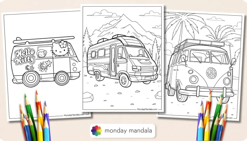 Dibujo furgoneta hippie para colorear con Hello Kitty, una camper y una VW clásica. ¡A pintar!