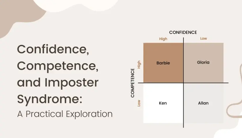 A chart for imposter syndrome training, mapping competence vs. confidence, with quadrants labeled Barbie, Gloria, Ken, and Allan.