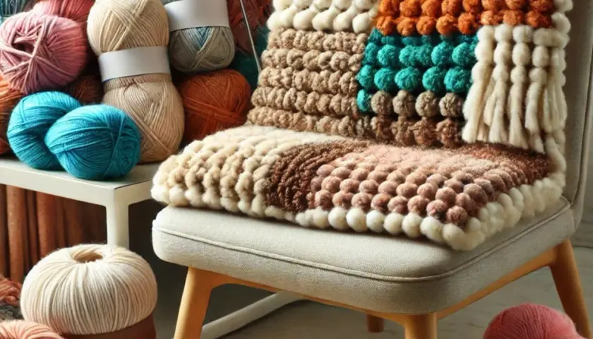 Manta tejida con texturas y colores variados, como mechas chunky delanteras, sobre una silla. A su lado, ovillos de lana de distintos tonos.