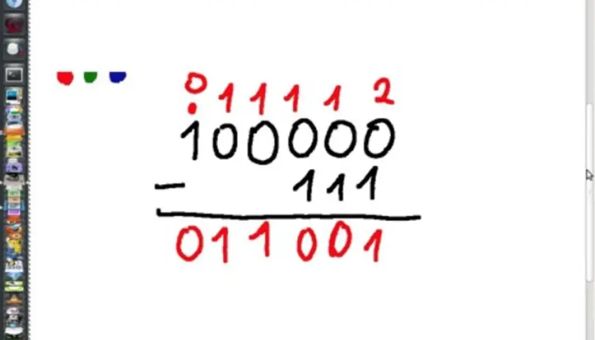 Przykład jak rozwiązać system binarny: odejmowanie 100000 - 111 = 011001.