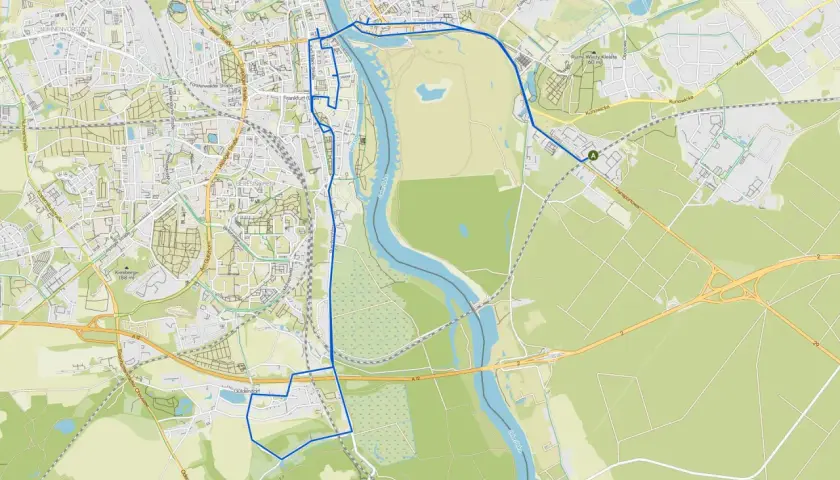 Trasa rowerowa wzdłuż Odry, prowadząca przez Frankfurt nad Odrą i okolice, z widocznymi mostami i terenami zielonymi.