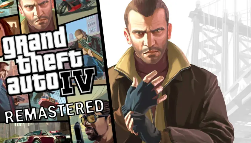 Niko Bellic blickt entschlossen, während das "Grand Theft Auto IV Remastered"-Logo und Szenen aus Liberty City im Hintergrund zu sehen sind.