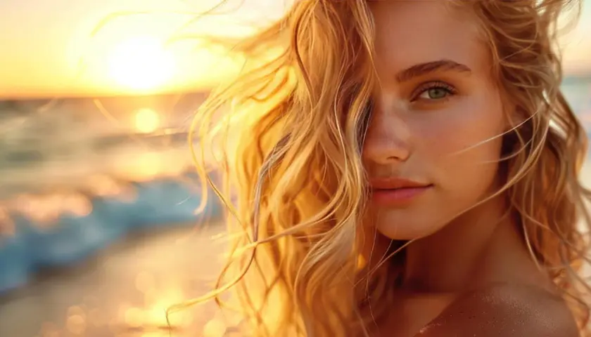 Piękna dziewczyna z rozwianymi włosami na plaży, gdzie słońce rozjaśnia jej blond kosmyki. W tle widać morze i zachód słońca.