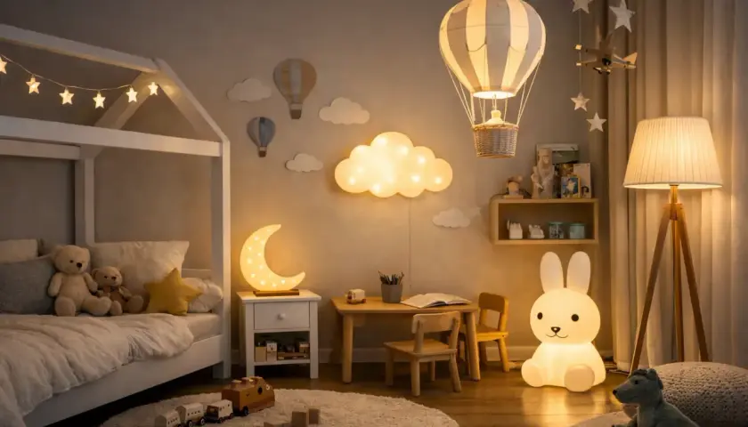 Urocza lampka nocna dla dzieci na ścianę w kształcie księżyca, zasilana bateryjnie, tworzy magiczną atmosferę w pokoju.
