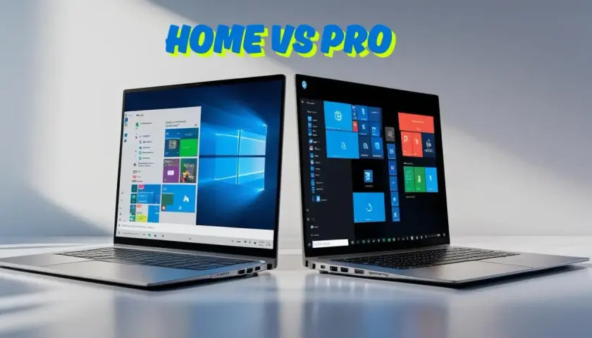 Dwa laptopy prezentują interfejsy Windows 11 Home vs Pro. Jeden z jasnym menu Start, drugi z ciemnym, pełnym kafelków.