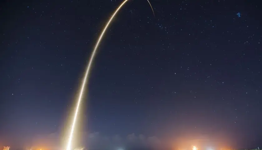 Jasny ślad rakiety wznosi się na nocne, gwieździste niebo, symbolizując start Starlink Elona Muska.